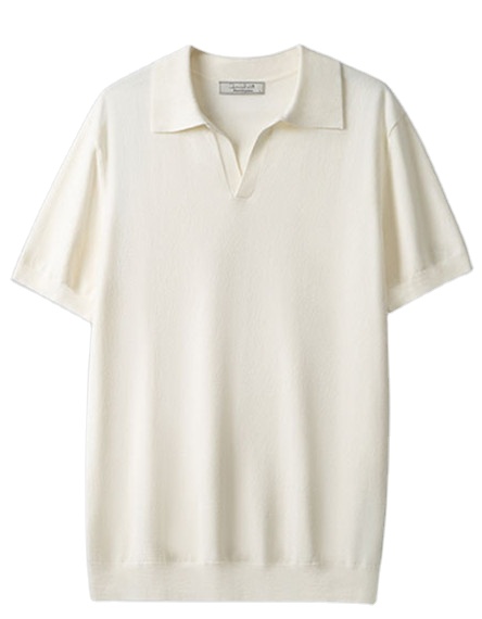 Lapel No Button 100% Cotton Ivory White Polo Shirt High-end Business Casual Slim Knit V-neck Short Sleeve Men's T-shirt