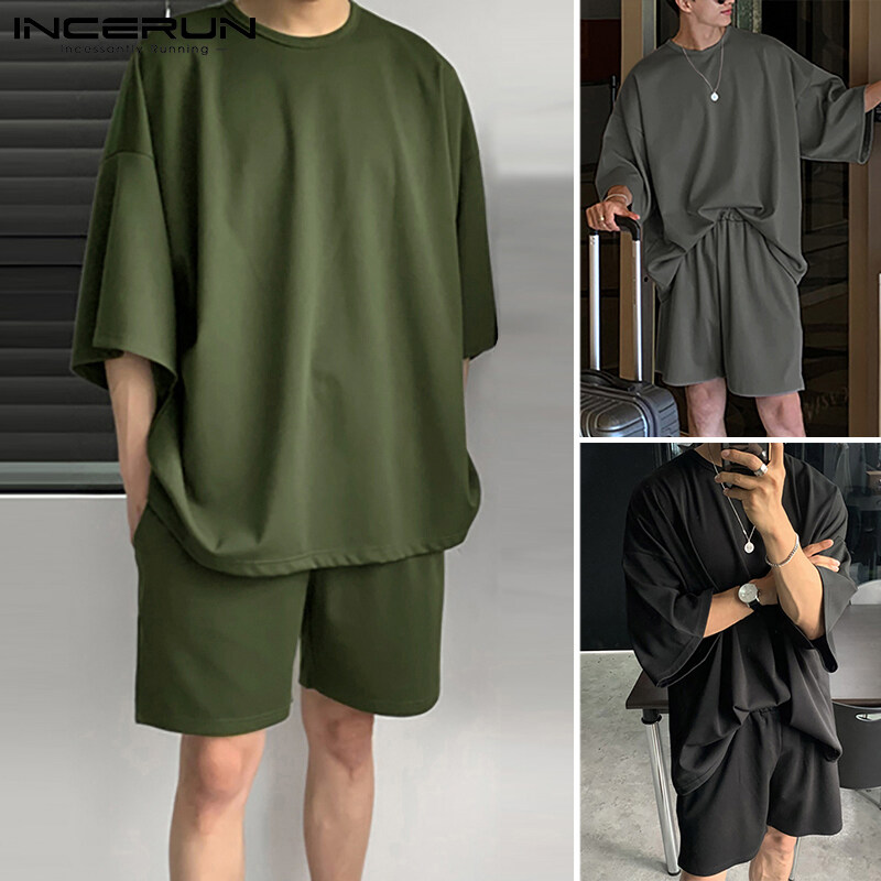 Beehoo INCERUN Mens Short Sleeve Soft Pajamas T Shirt Shorts Suits Sleepwear Suits Lounge Sets