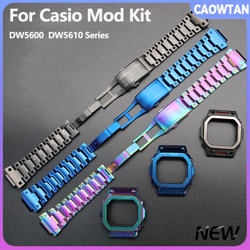 For Casioak G-SHOCK DW5600 DW5610 GWM5610 Mod Kit Metal Bezel Case Frame Band Stainless Steel Strap Replacements with Tools