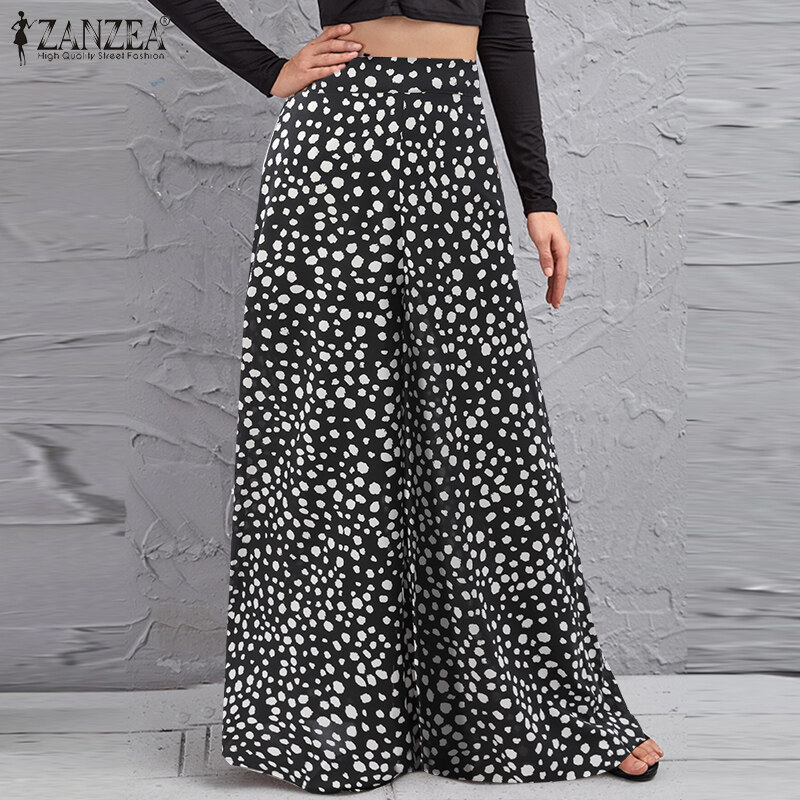 ZANZEA Women Fashion Elastic Waist Wide Leg Holiday Trousers Polka Dots Long Pants